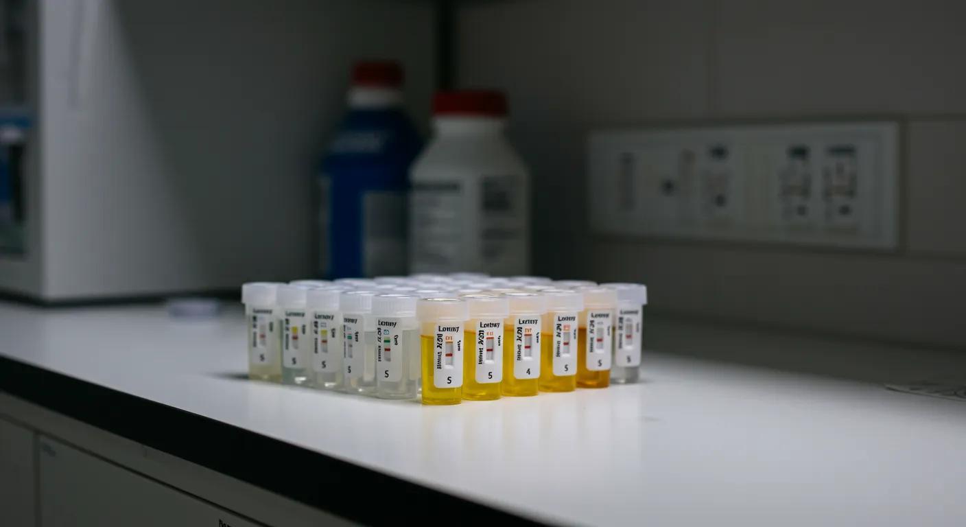 a sleek, modern laboratory countertop displays rows of colorful instant urine drug test cups, each labeled clearly, under bright overhead lighting that highlights their precision and accuracy in a sterile, clinical environment.