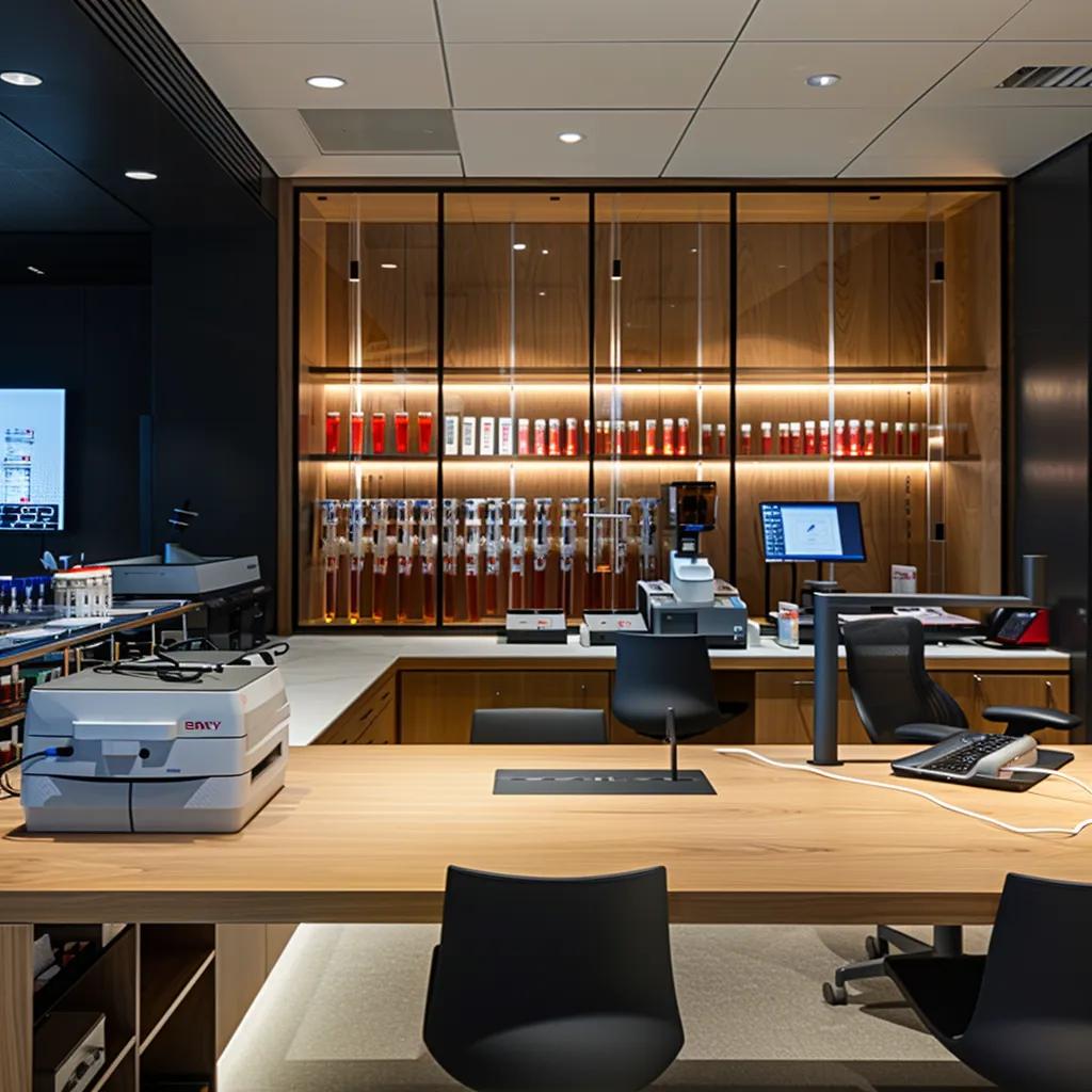 a sleek, modern office environment is meticulously organized with a prominent, polished wooden desk displaying an array of sophisticated nicotine blood test kits, highlighted under sharp, focused overhead lighting that emphasizes their clinical precision.